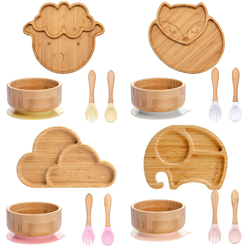 Baby Food Menu - 4Pcs ชุดอาหารเด็กแผ่นดูดชามเด็กจานเด็กให้อาหารจานช้อนส้อมชุดไม้ไผ่สำหรับเด็กบนโต๊ะอาหาร